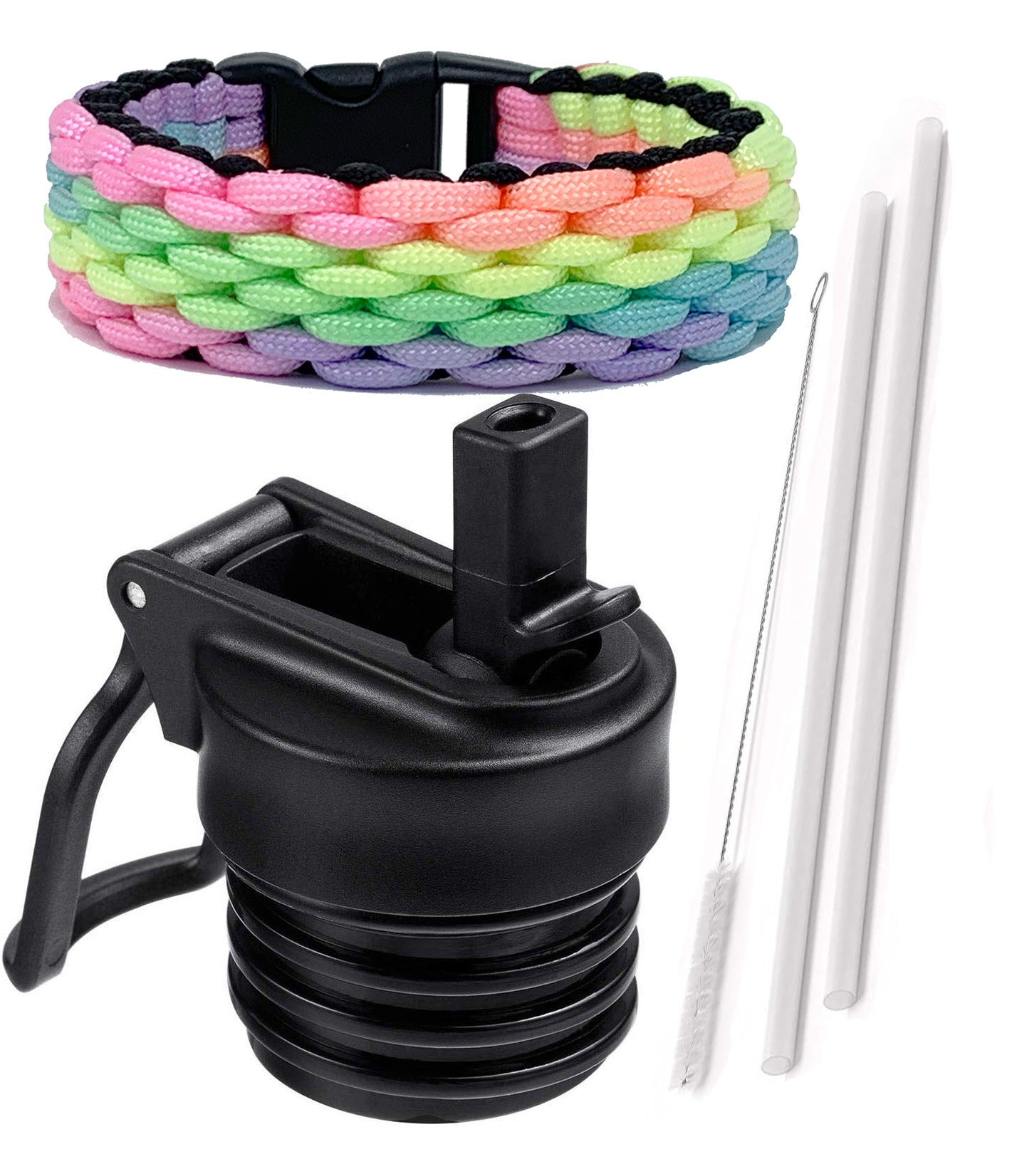 Straw Lid for Hydroflask 24 oz, 21 oz, 18 oz — Paracord Handle, Shoulder  Strap, Straws, Straw Cleaner — Standard Mouth Water Bottle Accessories Kit